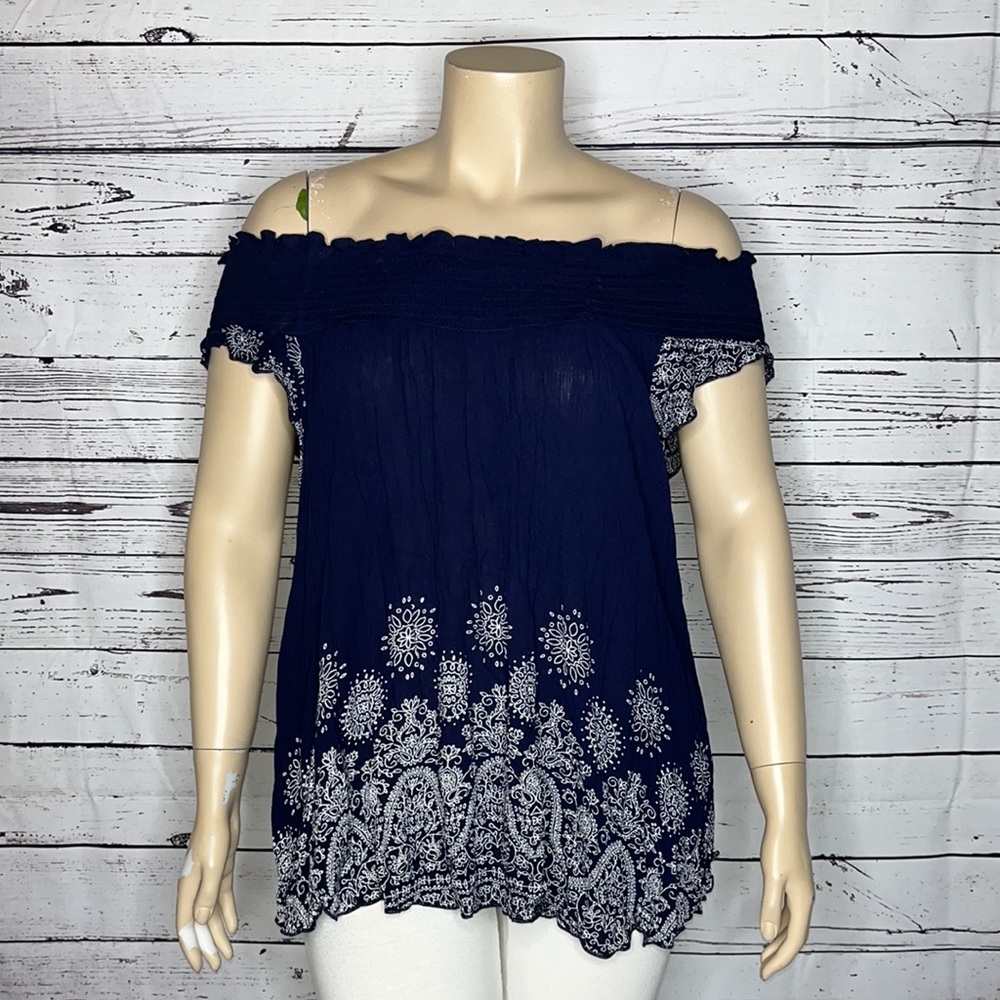 Ashley Stewart NWT Size 24 Navy & White Paisley Off the Shoulder Peasant Blouse